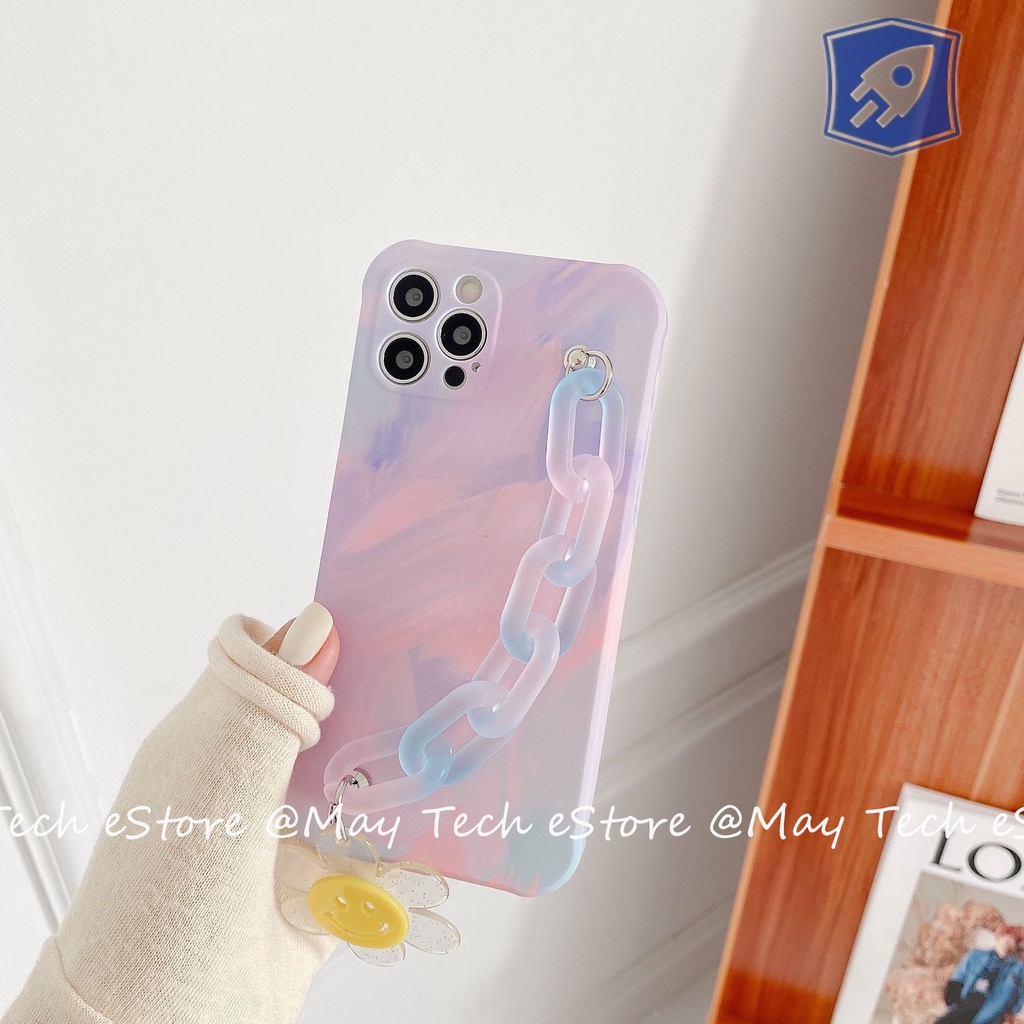 Casing iPhone Soft Watercolor dengan Hand Grip Rantai Pink Biru Smiley Flower iPhone X XS XR XSMAX 11 12 13 PRO PROMAX