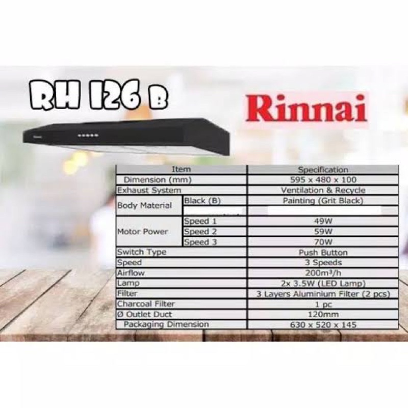 RINNAI RH 126 B - BLACK - COOKER HOOD 60 CM PENGHISAP ASAP DAPUR / RH126B