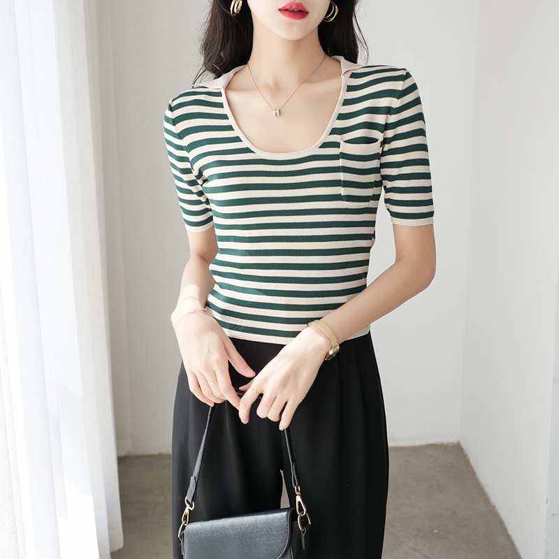 【Elegant】Summer  Stripe Tight Knitted Short Sleeve T-Shirt 7385