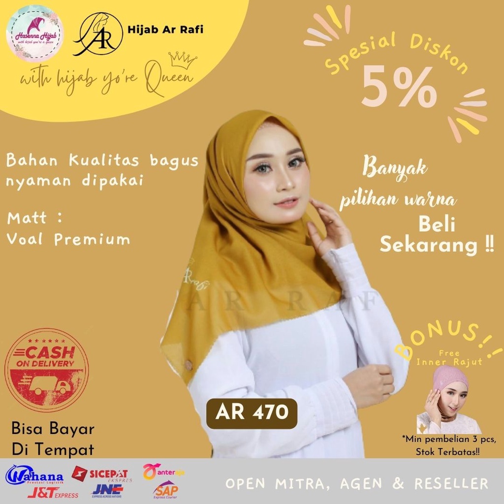 Arrafi Hijab Segiempat Terbaru AR 470 Polos Bolak Balik