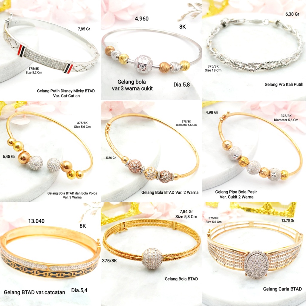 Gelang Bangle New Model Fashion Cat-cat an Perhiasan Emas Kuning Putih Kadar Emas Muda 8K/375 GK12A