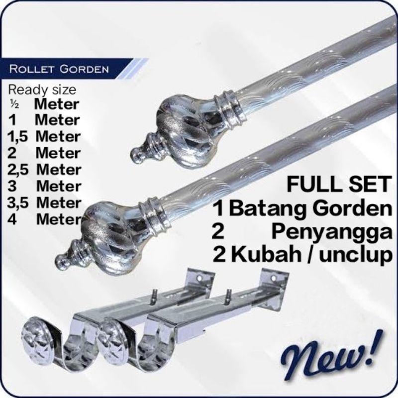 🆗COD Batang Gorden 2 Meter Full set SILVER Tiang Tongkat Rolet / Rollet Hordeng Korden Besi Hordyng