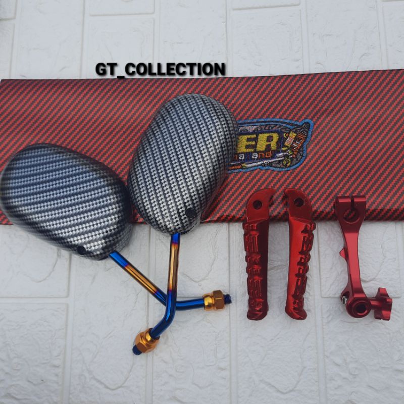 Kulit Jok Biker Merah + Paha Rem + Footstep Model Vixion Yamaha + Spion Mio Karbon Twotone