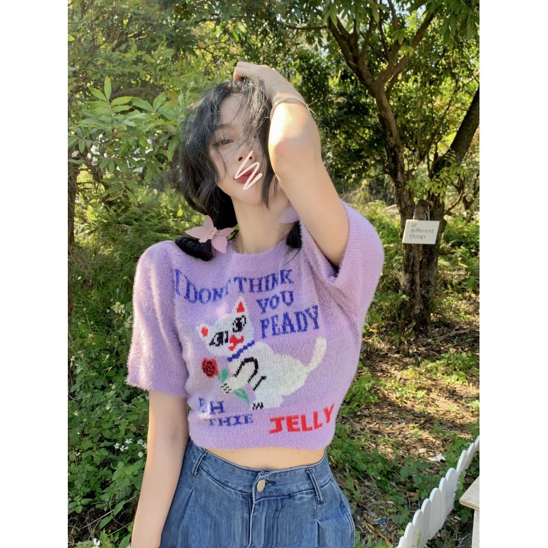 #Sisjuly# Wanita Desain Kucing Ungu Sweater Atasan Lengan Pendek Rajutan Pendek yang Mengurangi Usia