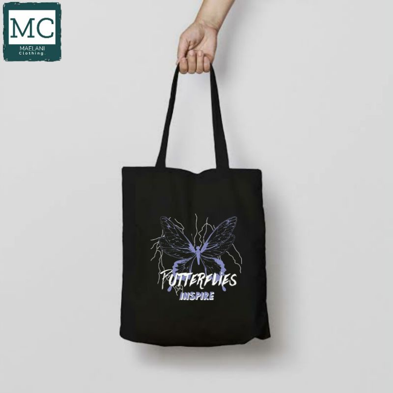 TOTE BAG BUTTERFLIES LOGO TULISAN / TOTEBAG RESLETING HITAM / TOTEBAG BAND METAL / TAS JINJING / TOT