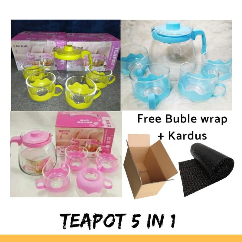 (PROMO) Teapot Warna Set 5in1 / Teko Set Gelas Kaca FREE BUBBLE / Tea Pot Warna / Kado Souvernir