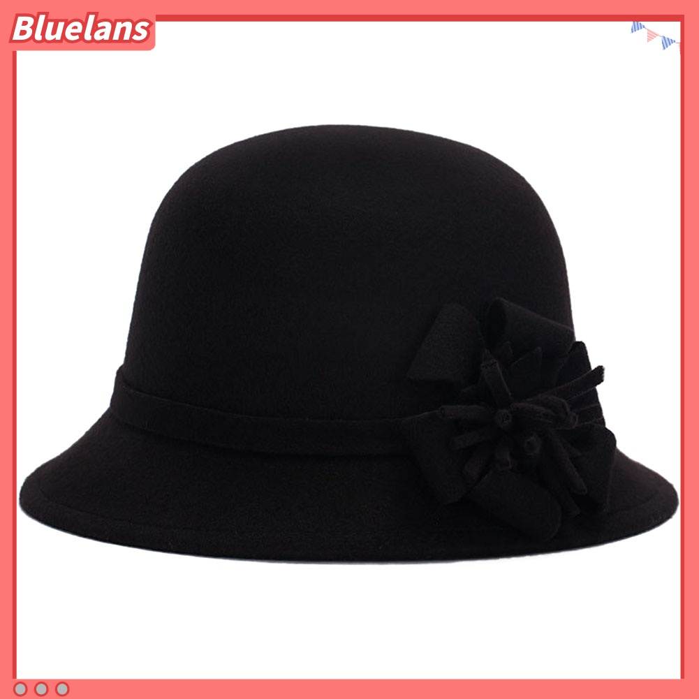 Bluelans Topi Bowler Bahan Wol Imitasi Warna Polos Aksen Bunga Gaya Vintage Untuk Wanita