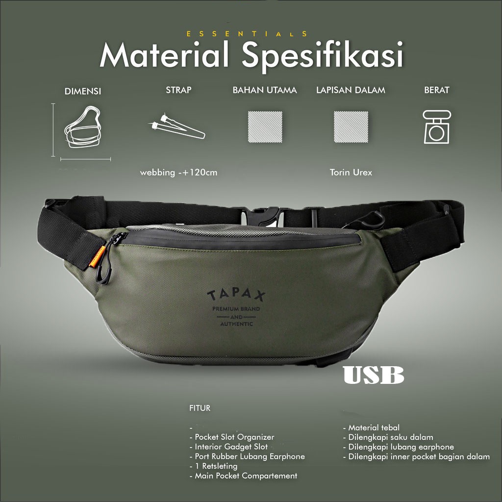 Tas Waistbag Pria Waterproof  FREE USB Bozzman Zetshop