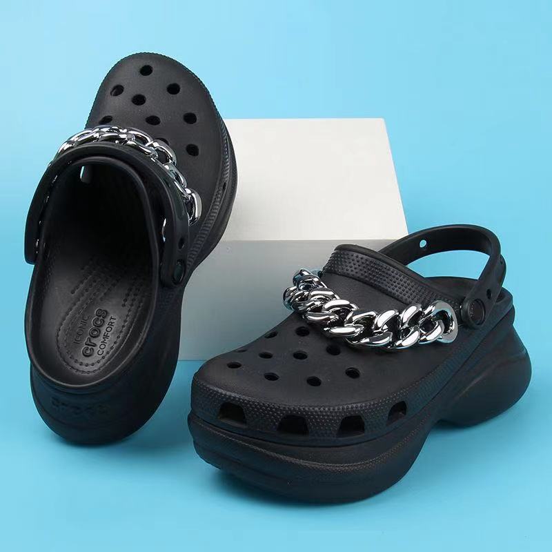 Crocs Classic Bae Chain Clog / Sandal Crocs Bae Rantai / Sandal Wanita / Sandal Pantai / Sandal Wedges / Fashion Wanita / Fashion Korea - Black