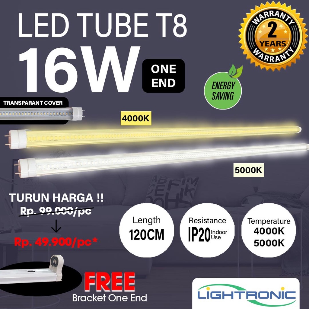 LAMPU LED TUBE LIGHT TL 4T 5T T8 16W 16 WATT PUTIH 5000K / KUNING 4000K 120CM TRANSPARENT COVER LIGH