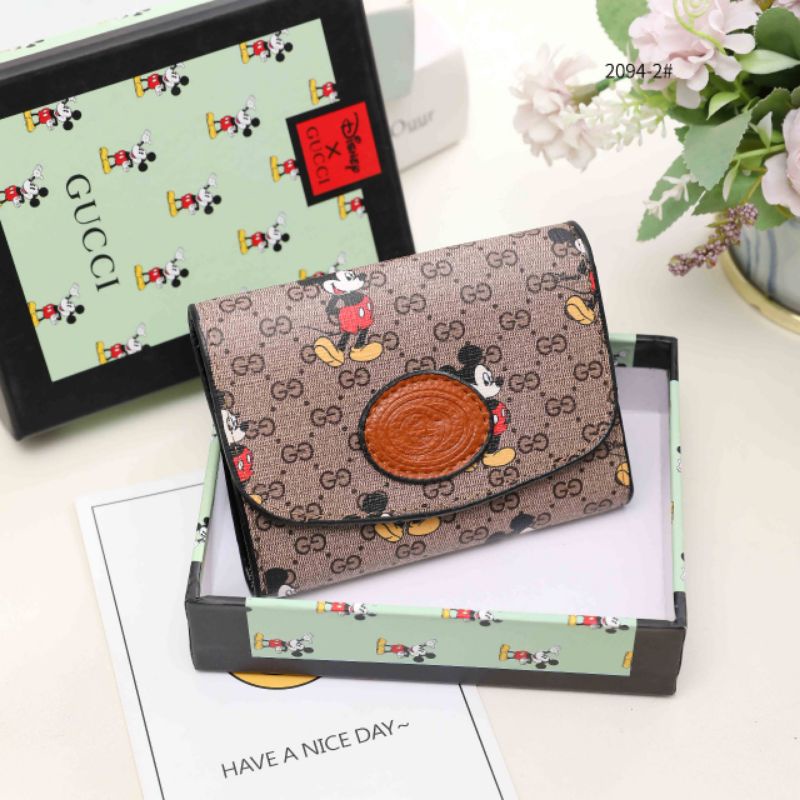 dompet Gucci x Disney Card Case Wallet Mickey Mouse Playful Image Defines #2094-2 KHAKI/BROWN