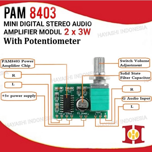 Kit Amplifier PAM8403 AU-03 Mini Stereo Audio 2x3W 5V 2Ch 3W Potentio