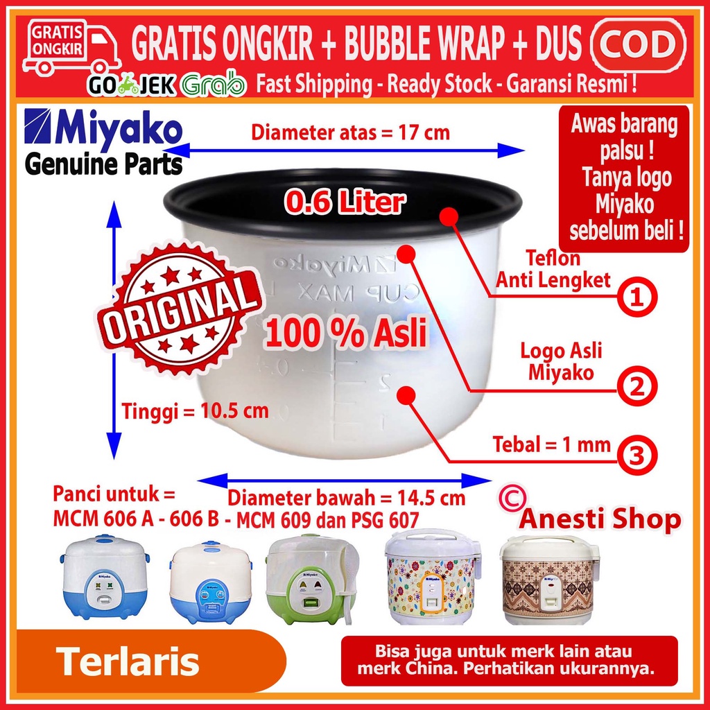 Panci Miyako 0.6 L 1.0 L 1.2 L 1.8 L 2.2 Liter Panci Rice Cooker Magic Com Magiccom Megicom Teflon Daleman Anti Lengket  Miyako Original 0.6 L 1.0 L 1.2 L 1.8 L 2.2 Liter MCM 606 512 612 686 528 507 516 598 509 A B SBC BTK WYG PRG PSG 607