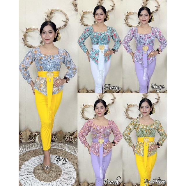 Kebaya Sabrina Pipilbahan sifon baby doll, motif bunga jepun, model lengan kerutleher sabrina berisi
