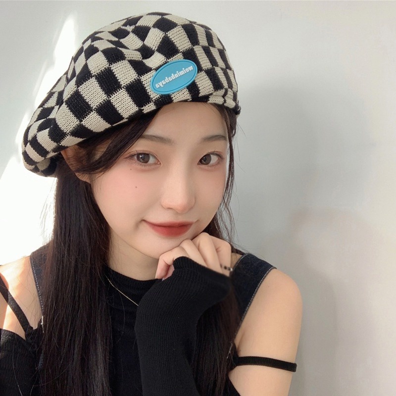 Topi Baret Rajut Motif Kotak-Kotak Gaya Korea Untuk Wanita