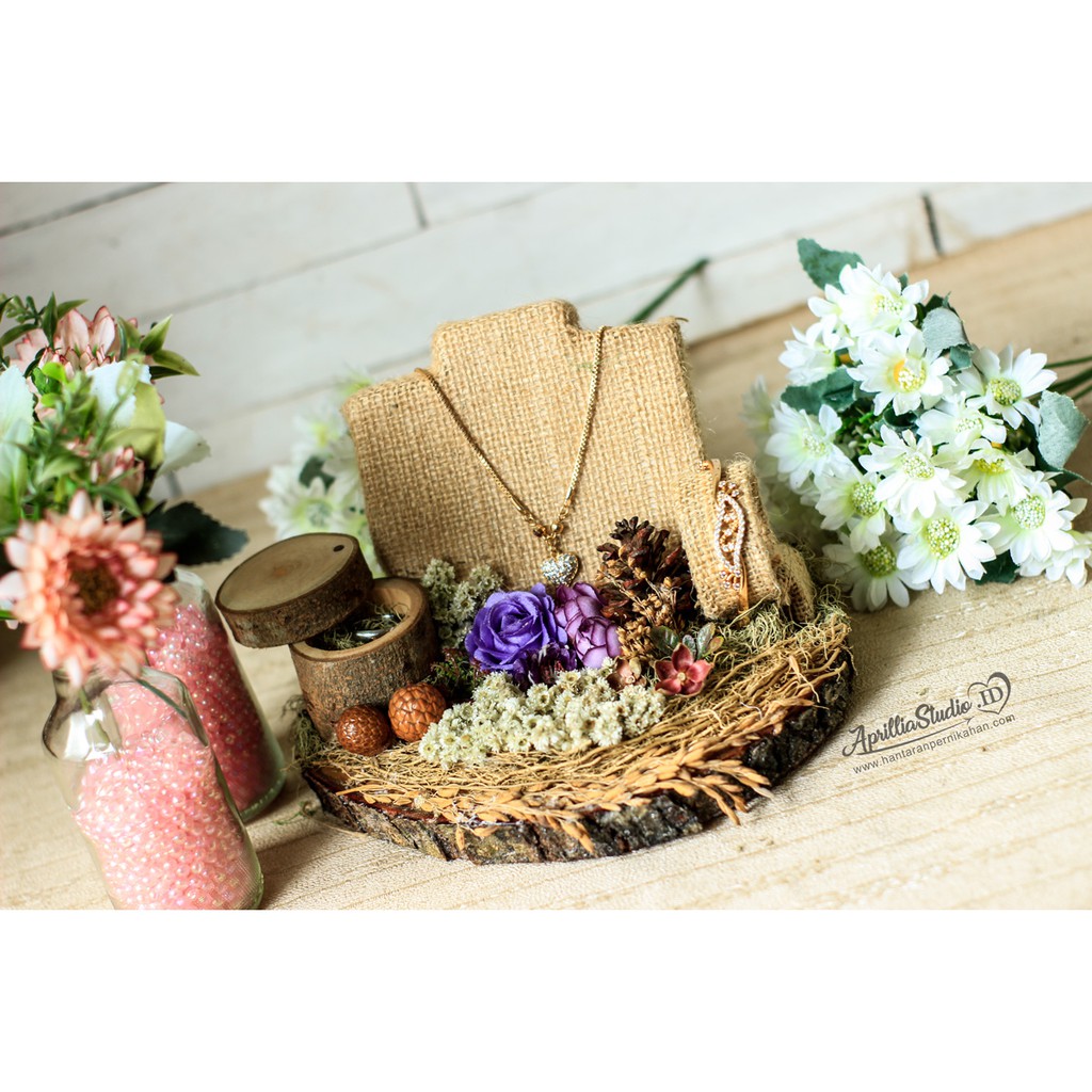 Kotak Perhiasan | Kotak Cincin | Slice Wood Ringbox Full Set