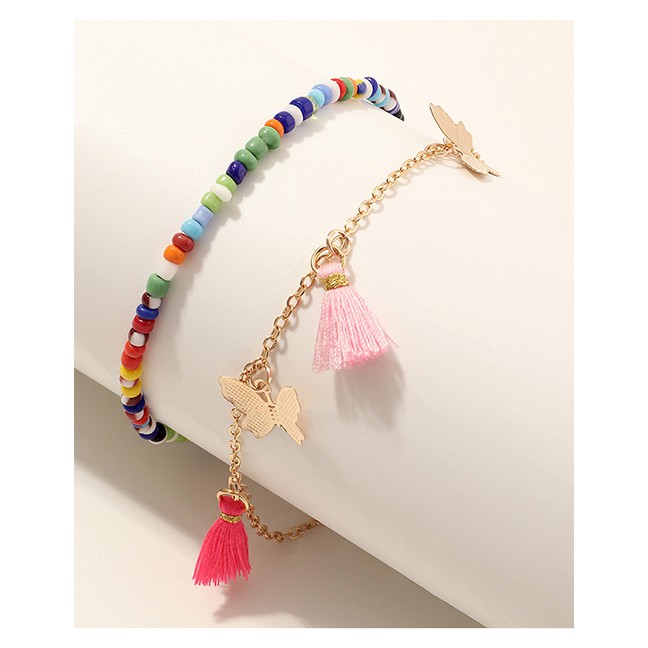 LRC Gelang Kaki Fashion Color Mixing Rice Beads Tassel Butterfly Alloy K45824