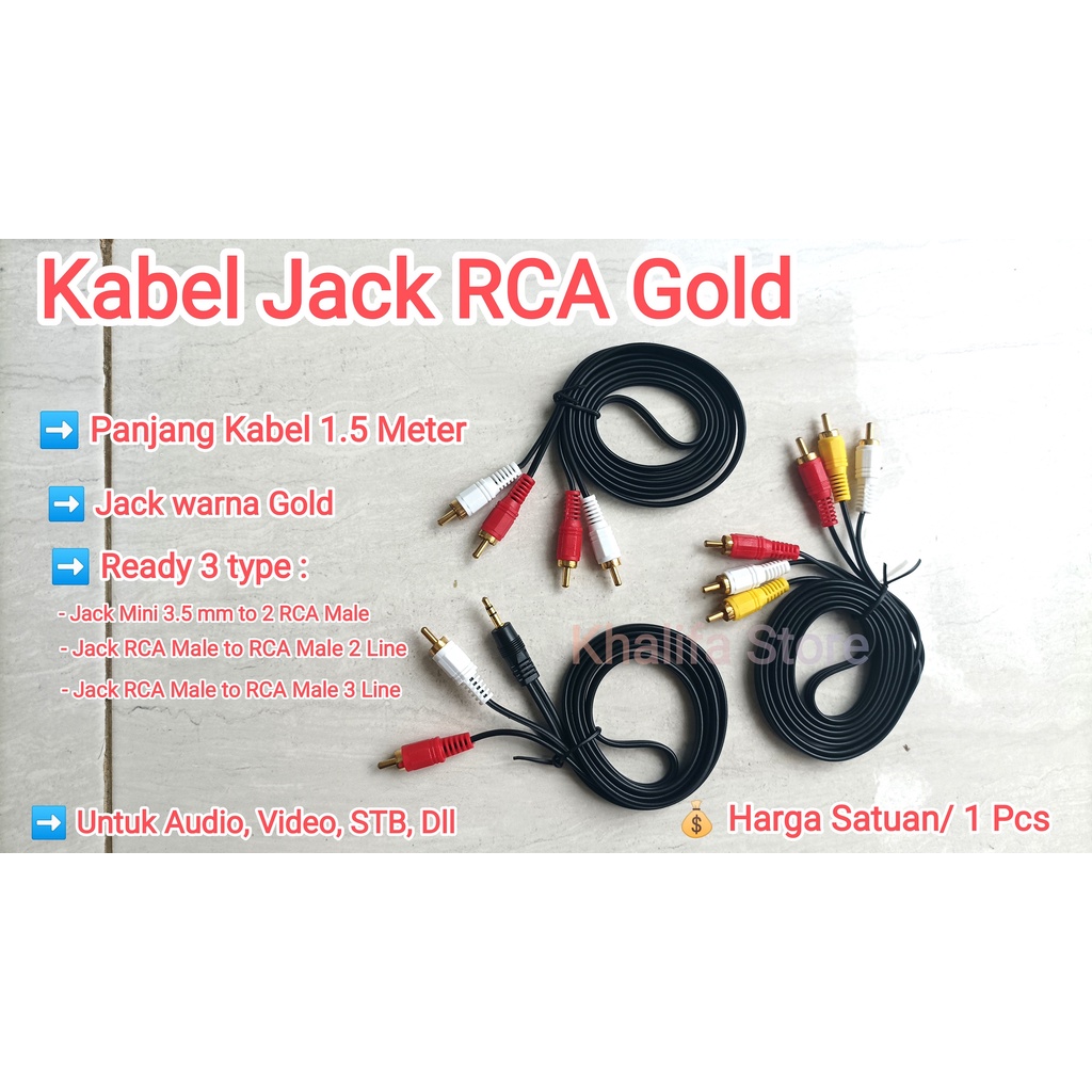 Kabel Colokan Audio AUX 1 2 2 3 3 RCA to male Stereo Jack 3,5 3.5 3.5mm Gold HP TV PC Laptop STB Amp