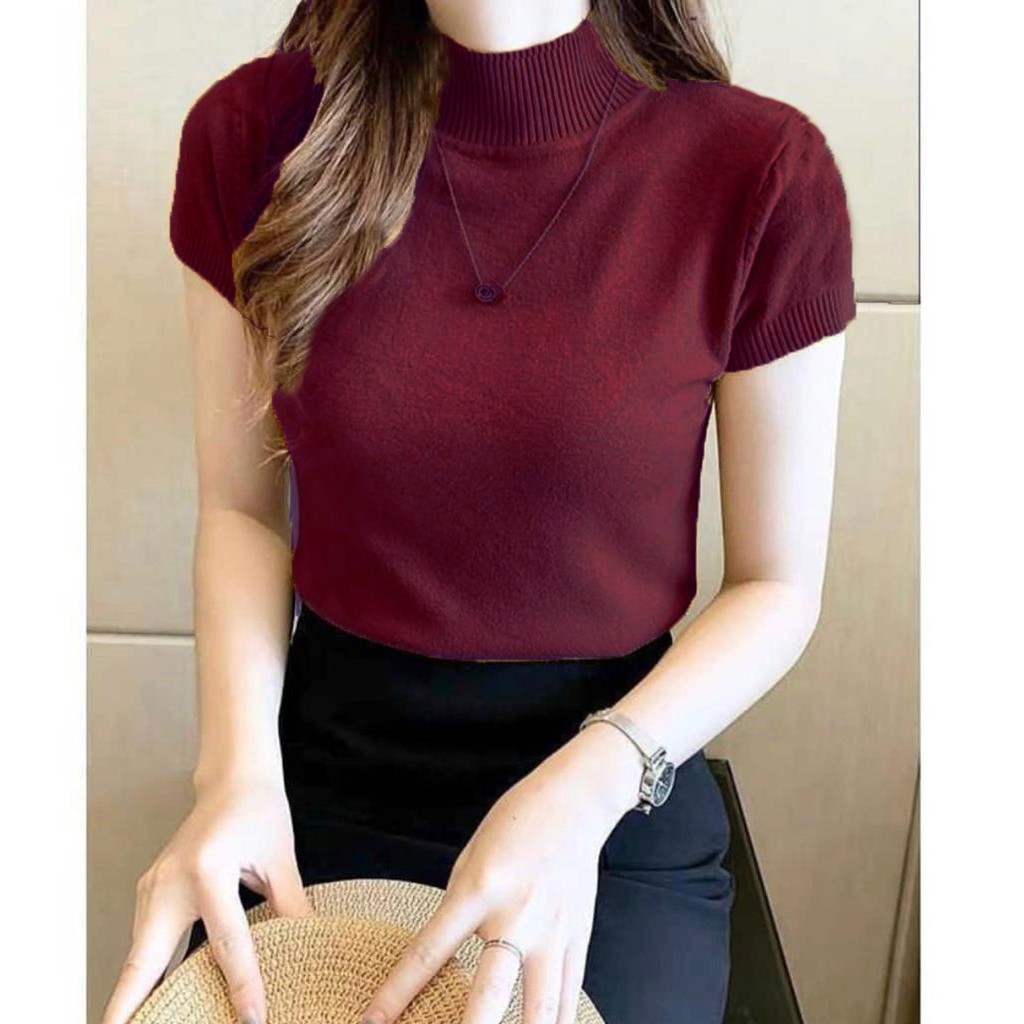 worldshop - Atasan Rajut Wanita Turtleneck - Kerah Tinggi Lengan Pendek - Knit Premium-Maron