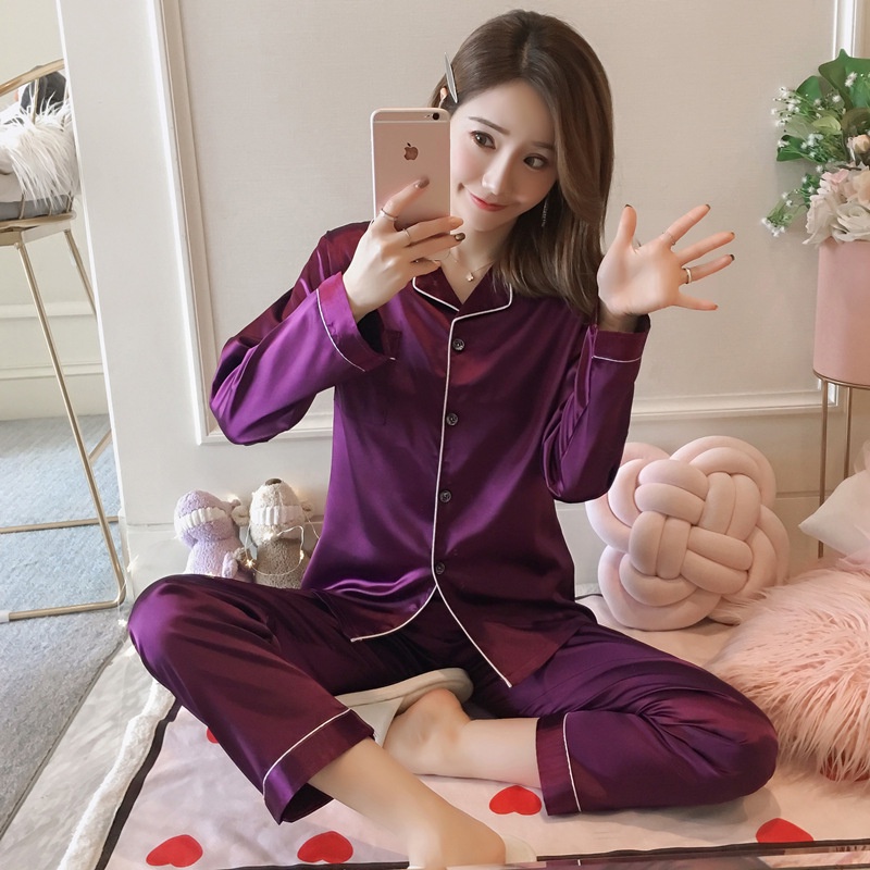 Lovera Baju Tidur Wanita Set Satin Model Kemeja Polos PP Celana Panjang Lengan Panjang