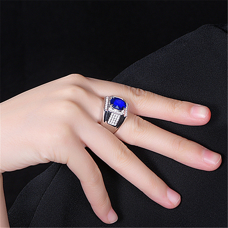 Cincin Berlian Platinum Safir Hias Kristal Zirkon Biru Untuk Pria Dan Wanita