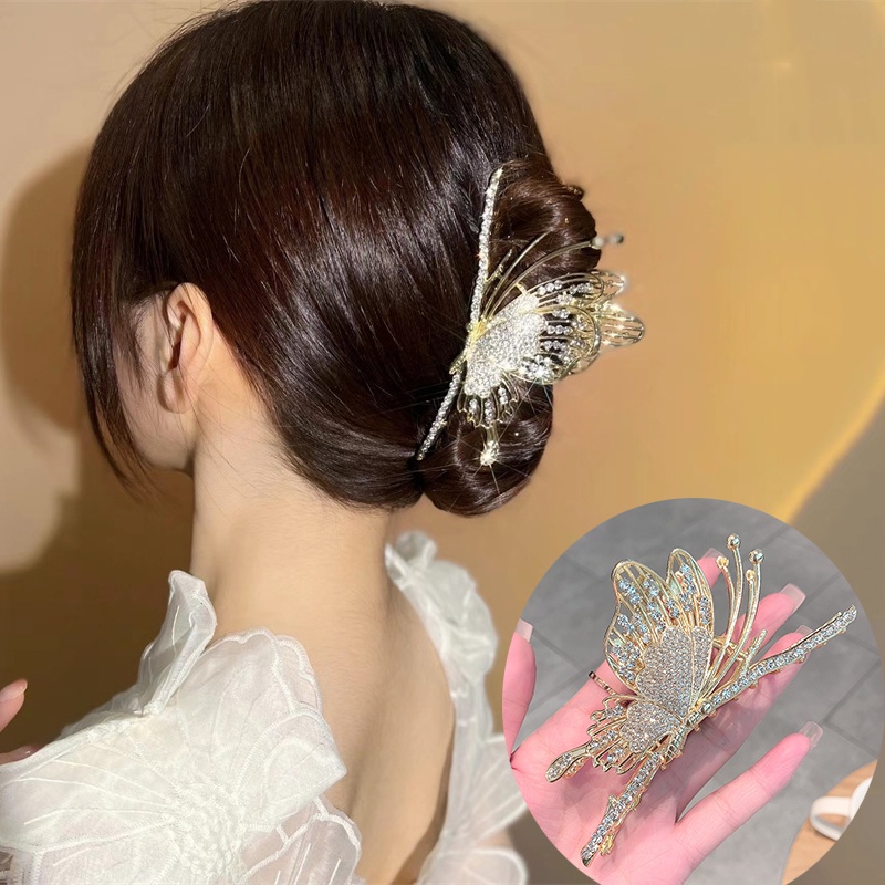 Jepit Rambut Bentuk Butterfly Bahan Alloy Aksen Berlian Imitasi Gaya Korea Untuk Wanita