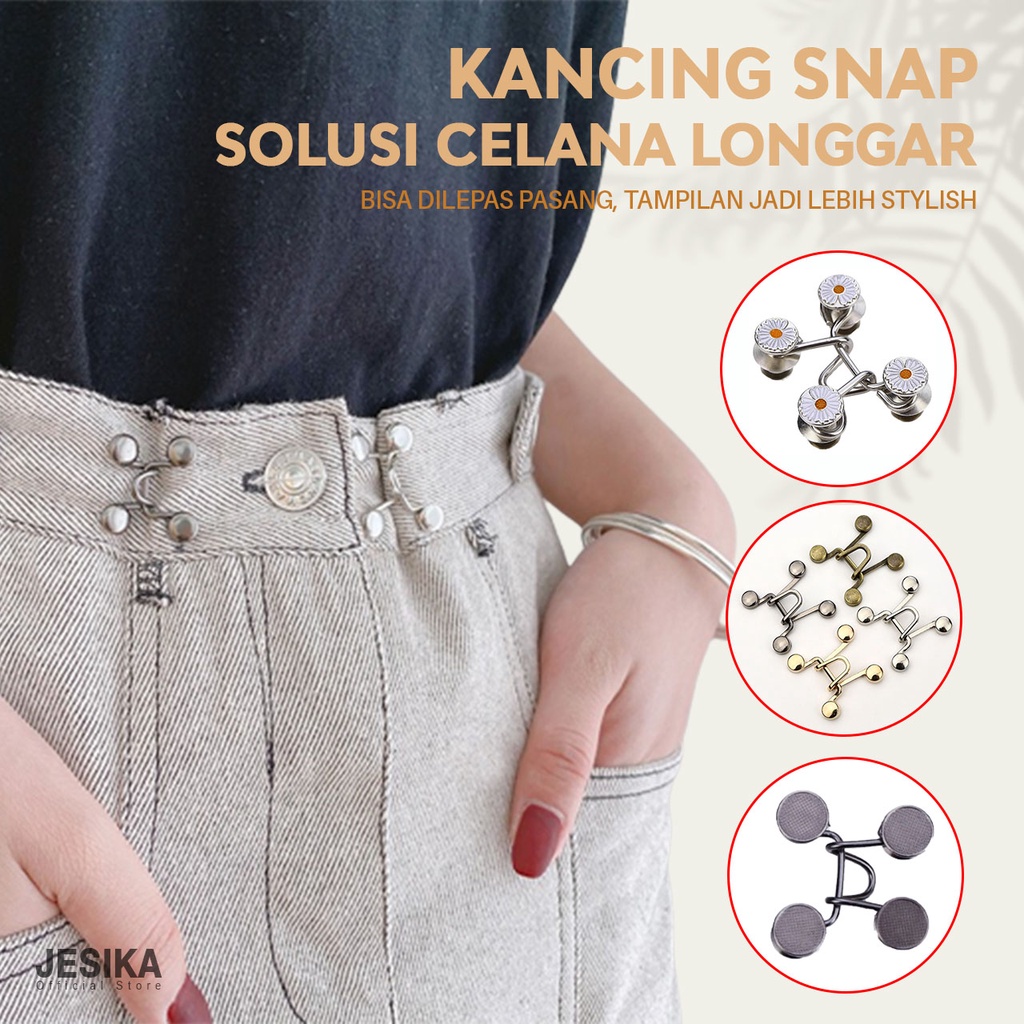 Kancing celana pengecil pinggang jeans longgar kebesaran model kait cantolan cetet button snap jepret pengait lepas pasang bahan logam besi warna emas silver bronze hitam