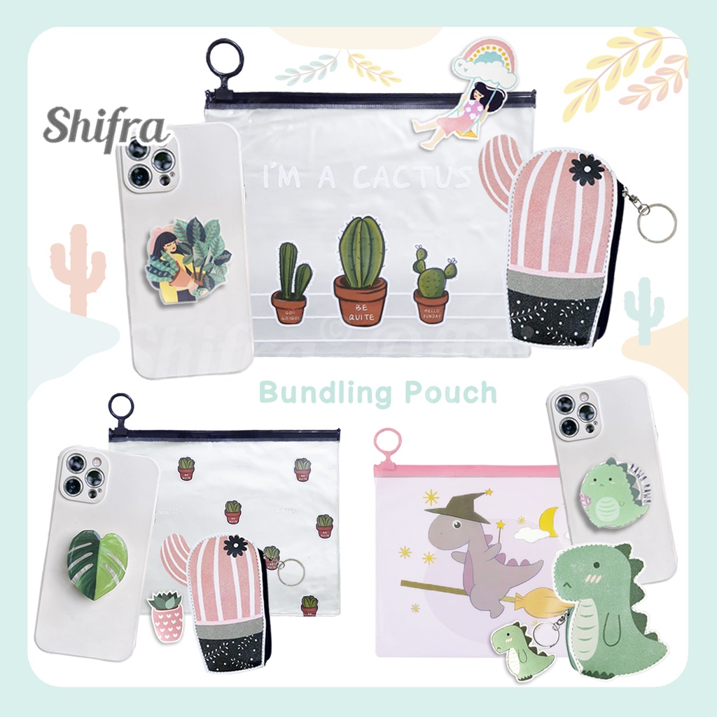 Shifra Bundling Gift Paket Pouch Dompet Koin PopSocket Dino Daun Woman (Free Sticker)