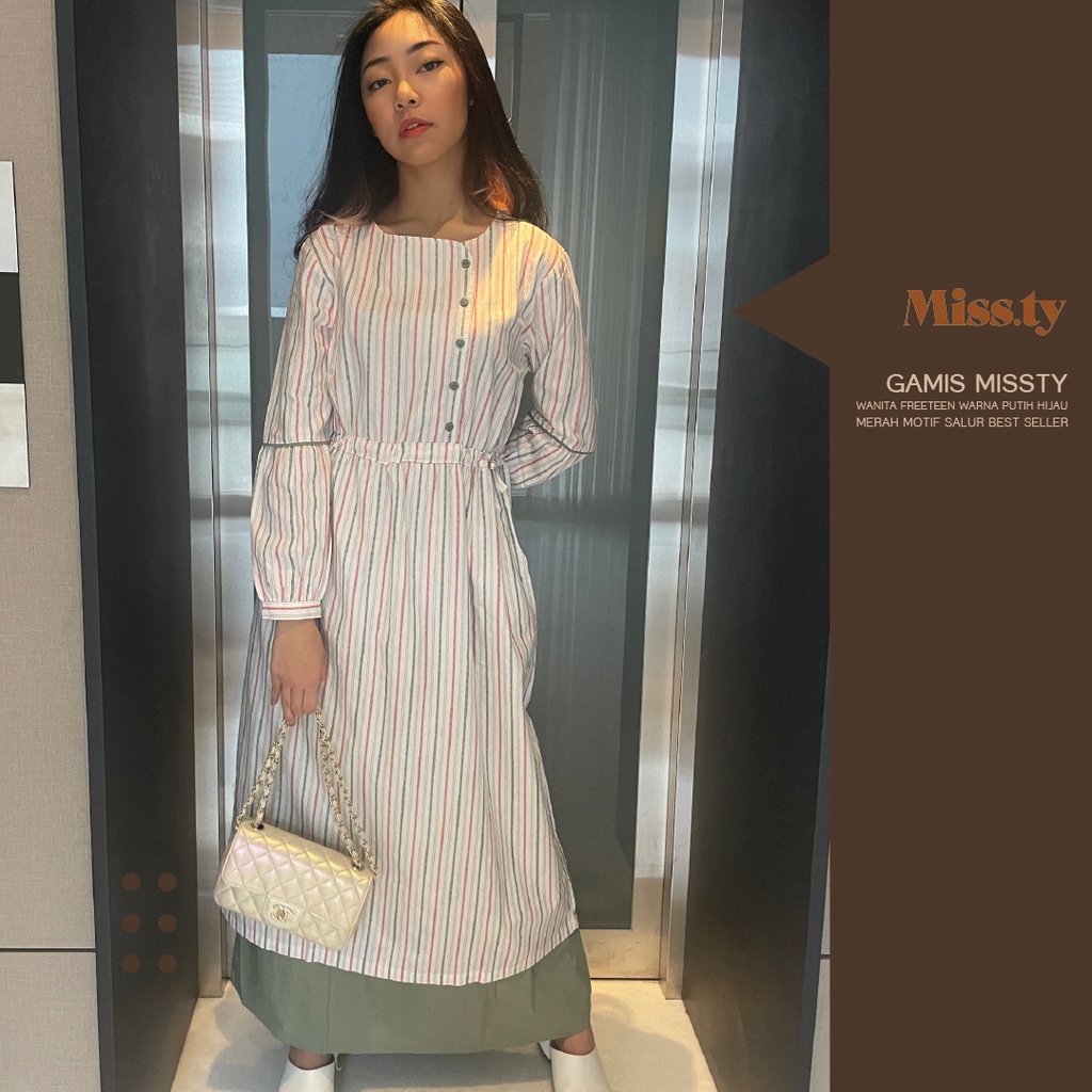 Gamis Missty Wanita Missty Freeteen Warna Putih Hijau Merah Motif Salur Best Seller (Daisy 97)