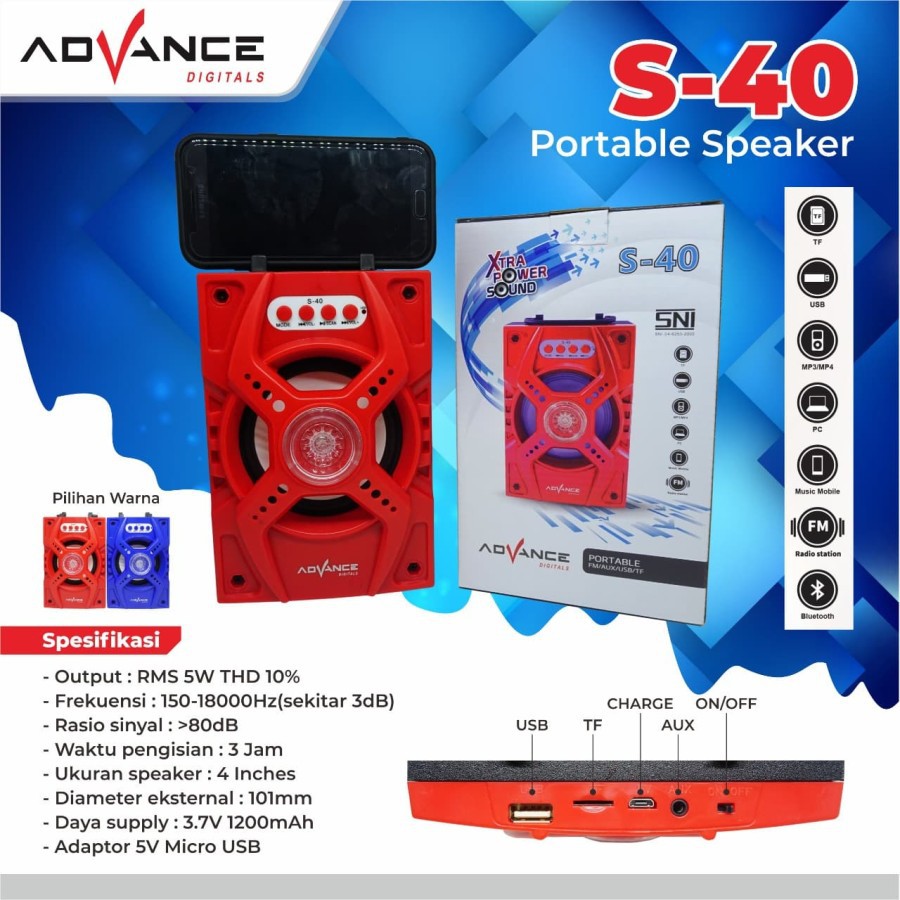 Speaker Bluetoot Advance S-40 Portabel Multimedia Xtra Bass Led Light - Biru