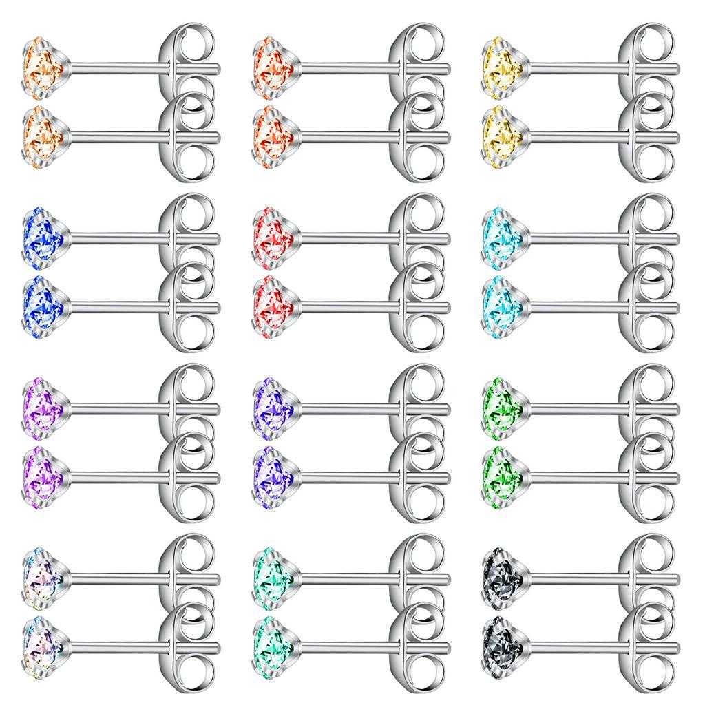 12 Pasang Anting Stud Kristal Warna-Warni Bahan Stainless Steel Untuk Tulang Rawan