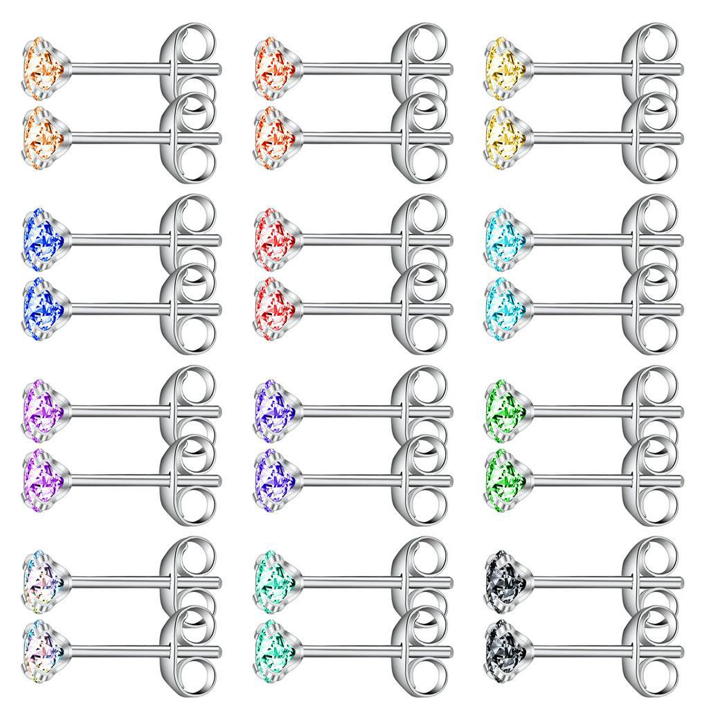 12 Pasang Anting Stud Kristal Warna-Warni Bahan Stainless Steel Untuk Tulang Rawan