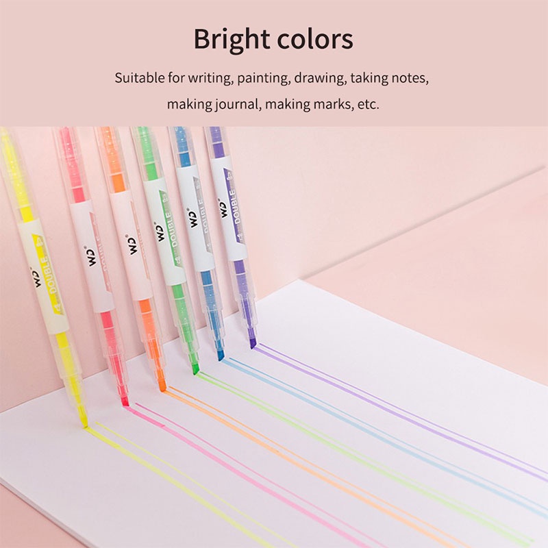 COD❤️6pcs Stabilo Warna Warni Highlighter 12 Warna dikirim Secara Acak Spidol Berkepala Dua Grafiti Pena Cat Air Kepala Miring