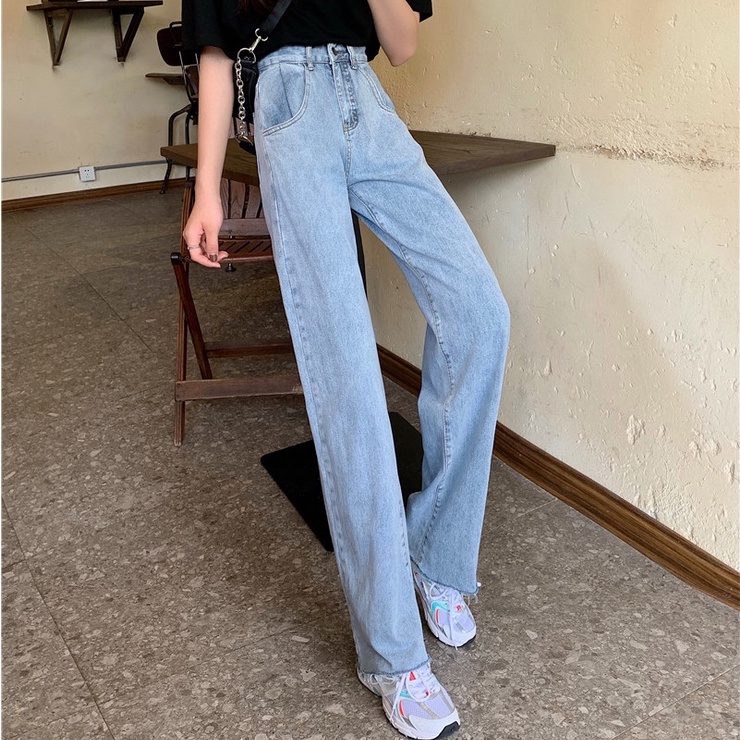 Impor korean new unfinished high waist straight leg jeans celana jeans panjang wanit