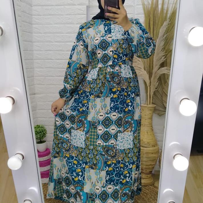 Gamis katun motif etnik wolfis jumbo - dress muslim - dress muslim katun - dress muslim motif