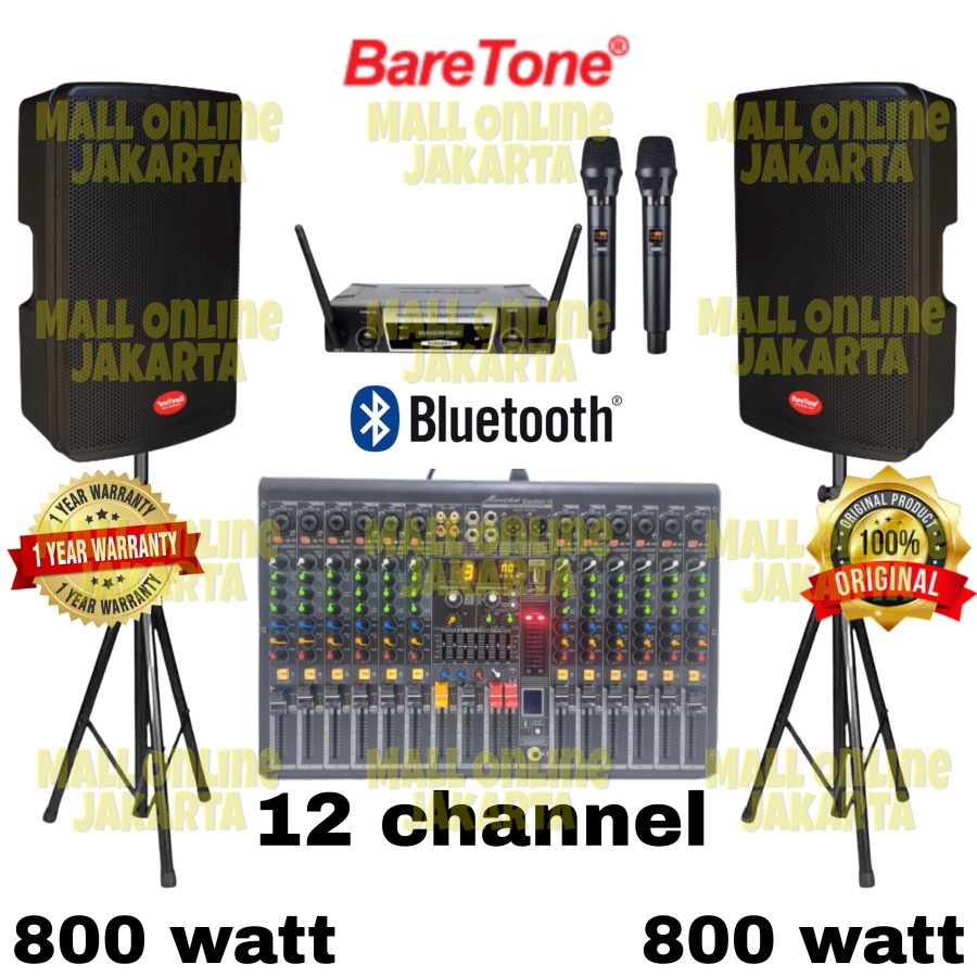 Paket speaker aktif baretone max 15h 12 channel mixer original 800 wat