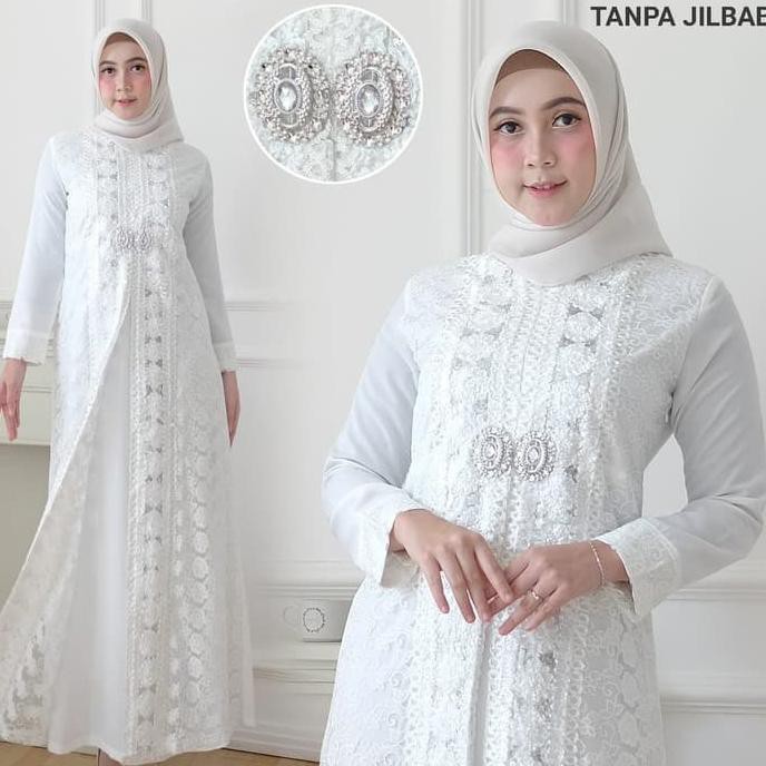( BISA COD ) (80241) Baju Gamis Putih Wanita Brukat by Agnes. Uk. Standar dan Jumbo - Putih Tulang,