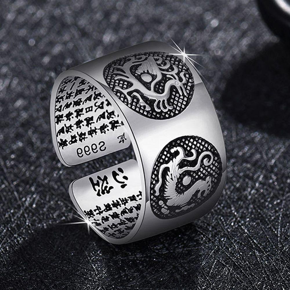 Mxbeauty Man Cincin Warna Perak Keren Bunga Gothic Terbuka Buddhistic Heart Sutra Fashion Perhiasan