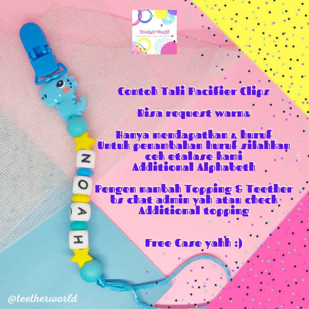 (PROMO FREE CASE) Pacifier Clips / Tali Dot / Tali Empeng Lucu Custom Nama Teetherworld-Noah