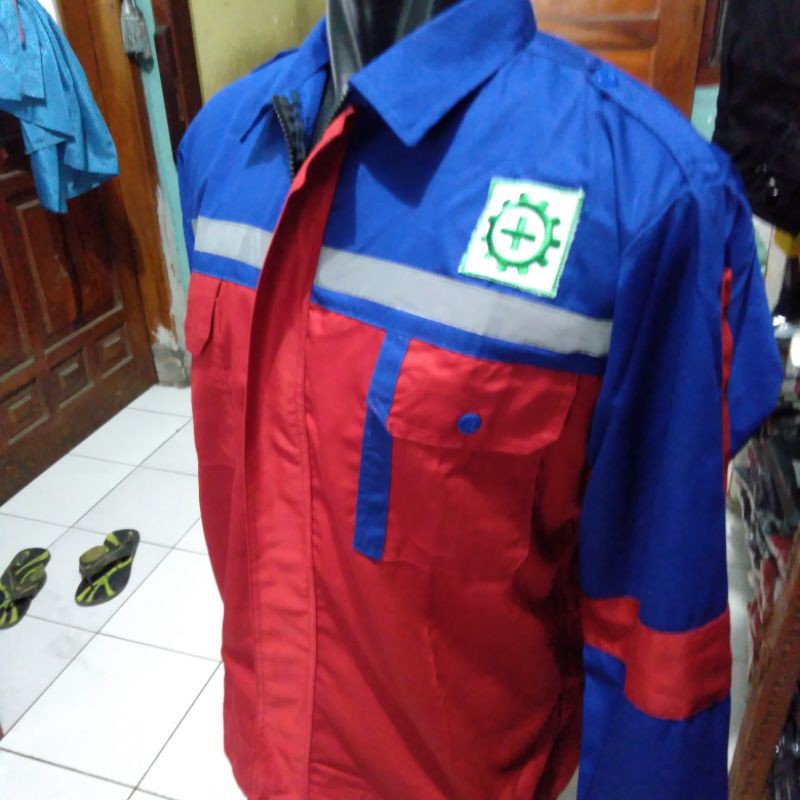 SERAGAM SAFETY BAJU PROYEK MERAH BIRU RESLETING KAIN DRILL FREE LOGO K3 BENDERA