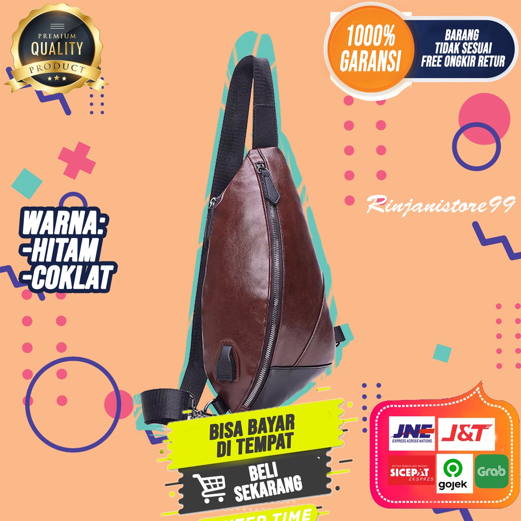 Tas Selempang Kulit Pria Sling Bag Cowok Premium Waist Bag New Branded USB Asli Import F229