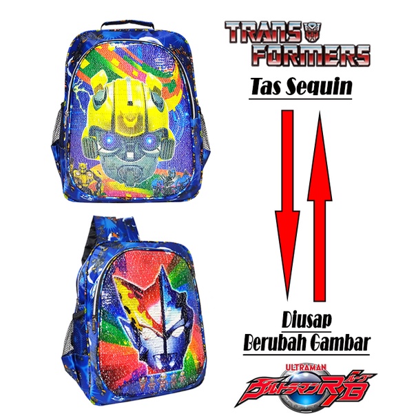 TAS RANSEL SEQUIN / USAP 2 GAMBAR KARAKTER TRANSFORMERS - ULTRAMAN ANAK SEKOLAH TK / SD