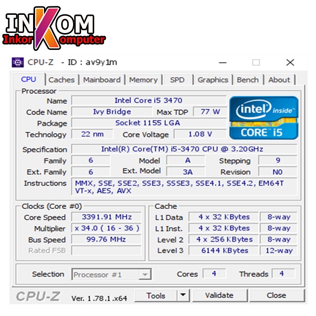 Prosesor Intel Core i5 3470  Socket LGA  1155