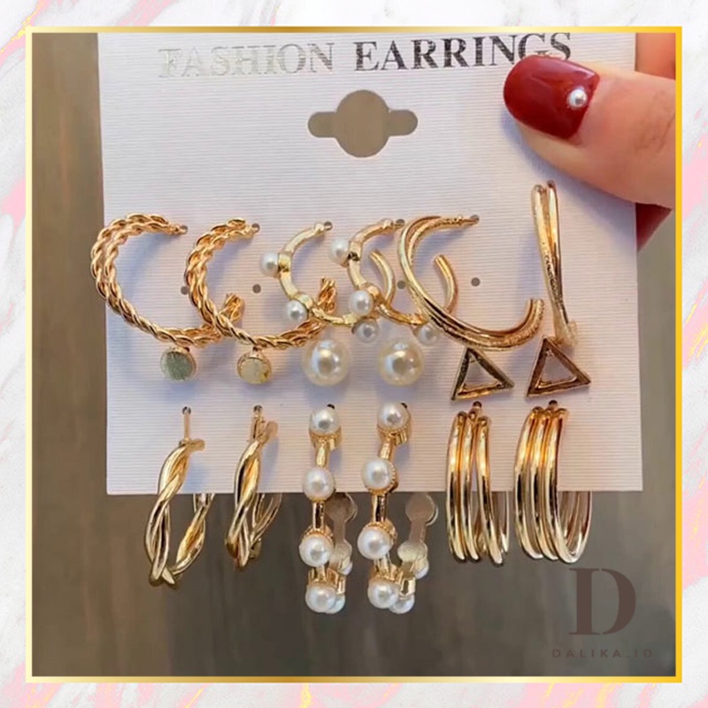 Anting Set Tusuk Korea 9 Pasang Mutiara Diamond Segitiga Hoop Lingkaran Untuk Wanita Dalika