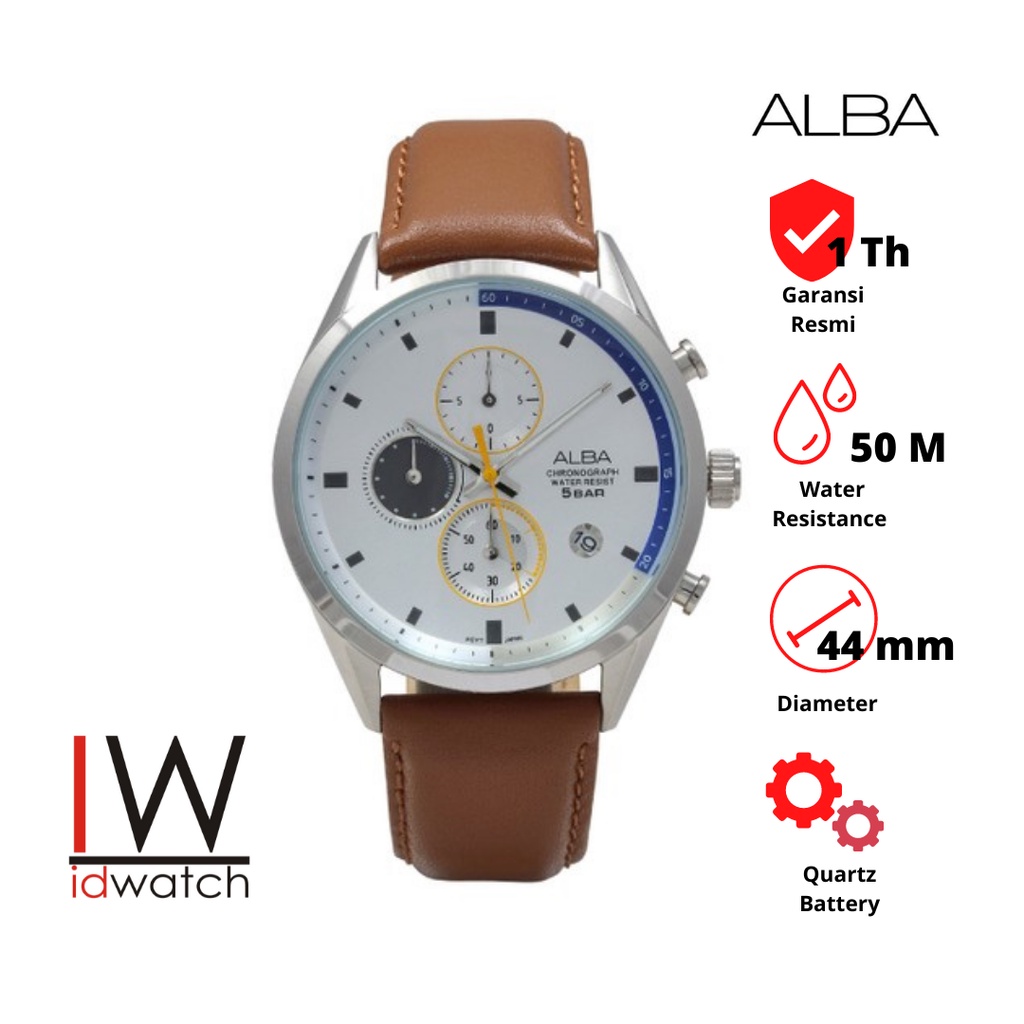 Alba AM3593X1 Chronograph Jam Tangan Pria AM3593 Quartz Cowok Strap Kulit Brown Leather