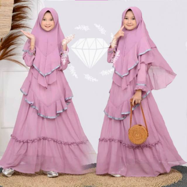 Gamis syari muslim anak tanggung import pastel anggun bergo panjang double layer Nendes