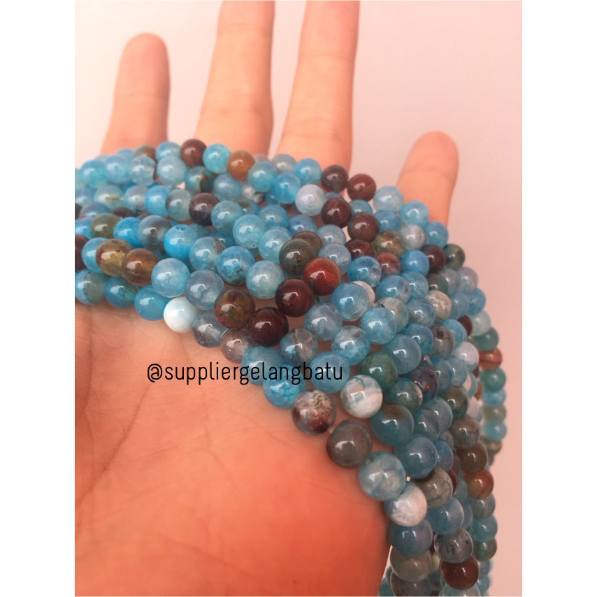 batu Aquamarine serat 6mm bahan gelang kalung alam biru glossy corak fashion craft model pria wanita