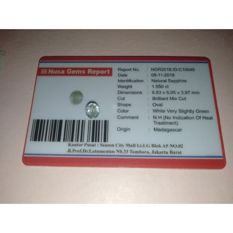 Batu Cincin Safir Natural Sapphire NO HEAT Bening Kehijauan Bersertifikat