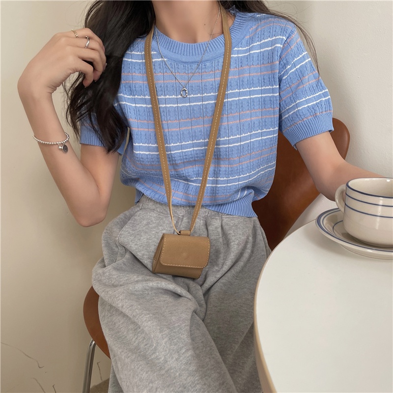 Kaos Rajut Lengan Pendek Wanita Striped T-shirt Knit Atasan Korean Style