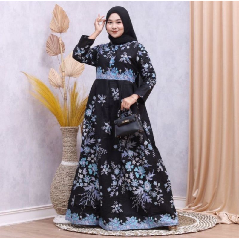 MS GAMIS BATIK FASHION SRIWEDARI MAXI BUMIL/BUSUI BUSANA MUSLIM TERMURAH SHOPEE-Cibulan biru